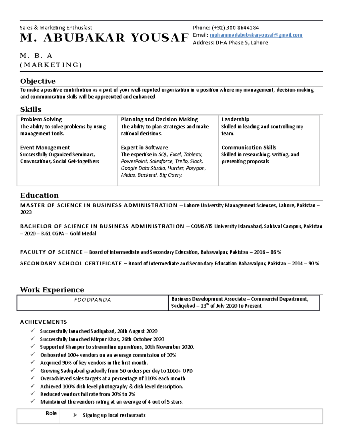 Resume Muhammad Abu Bakar Yousaf - Sales & Marketing Enthusiast M ...