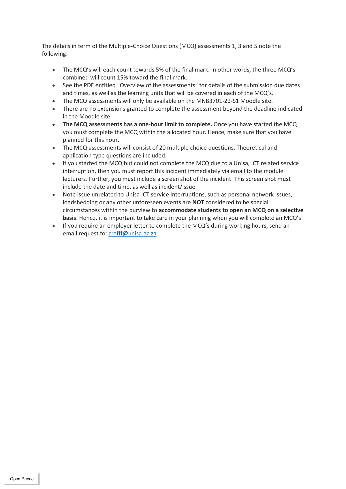 MCQ Assessments 1, 3 AND 5 - The details in term of the Multiple-Choice ...