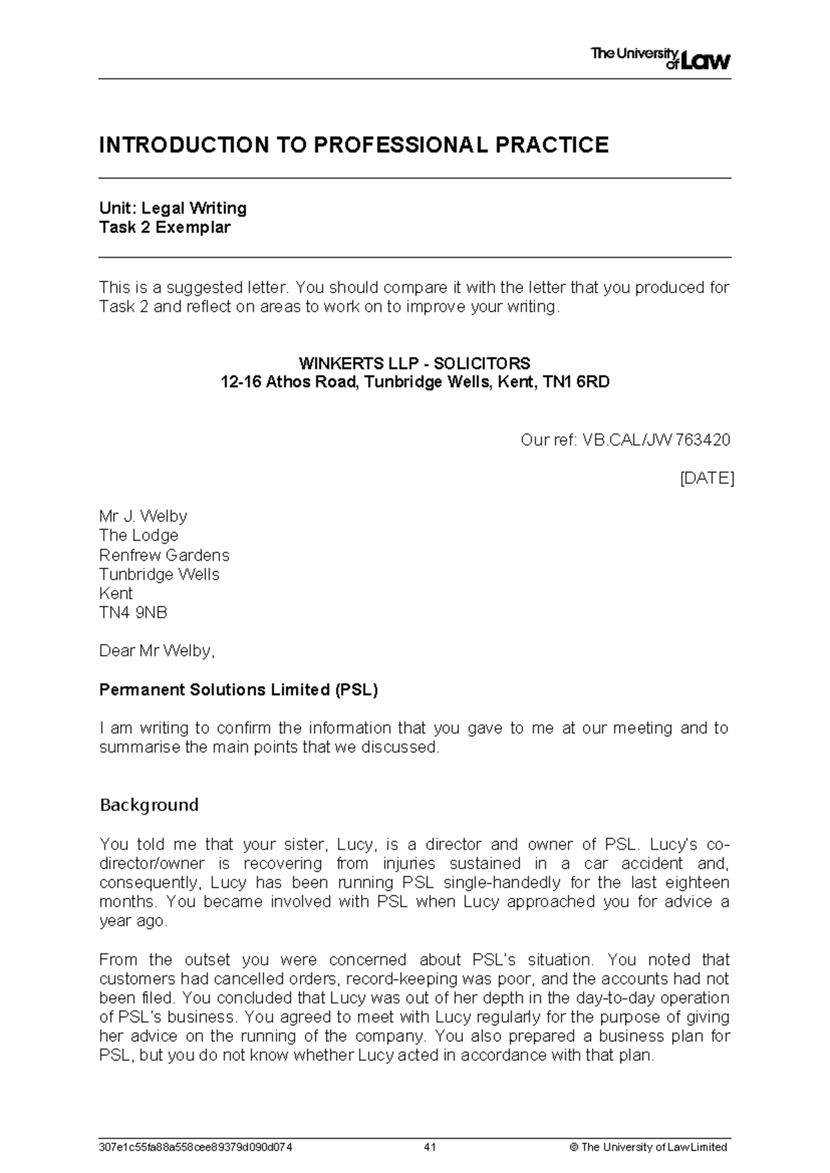 Legal Writing Exemplar - INTRODUCTION TO PROFESSIONAL PRACTICE Unit ...