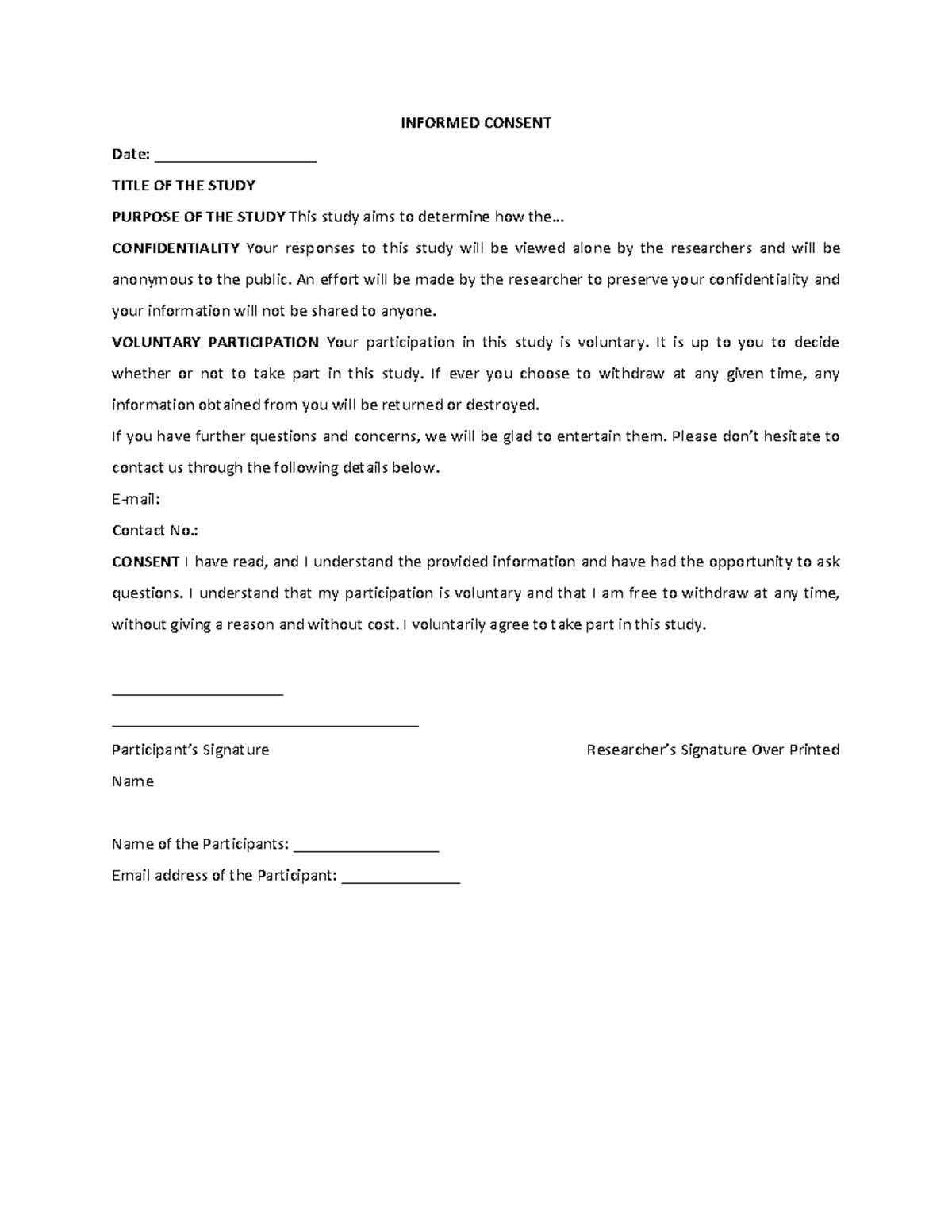 Sample Informed Consent INFORMED CONSENT Date