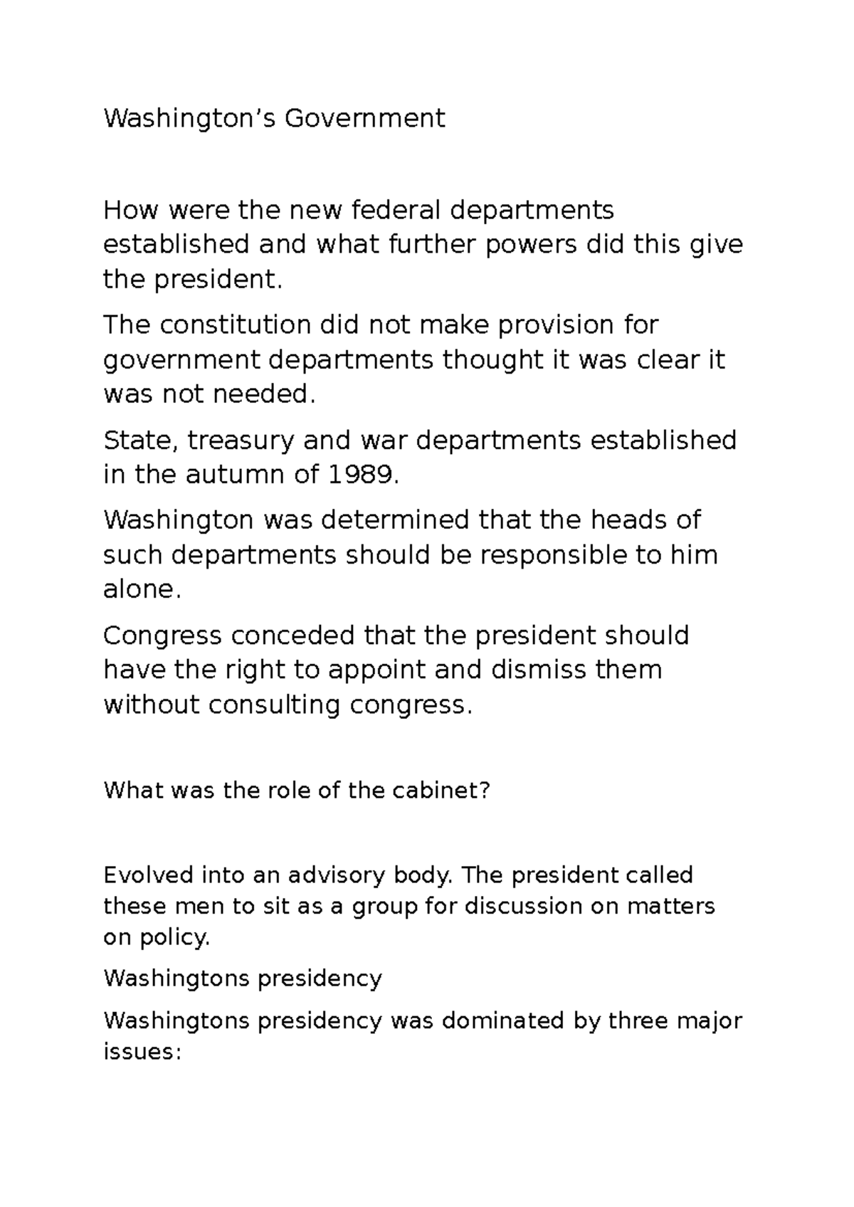 Hamilton Notes - Washington’s Government How were the new federal ...