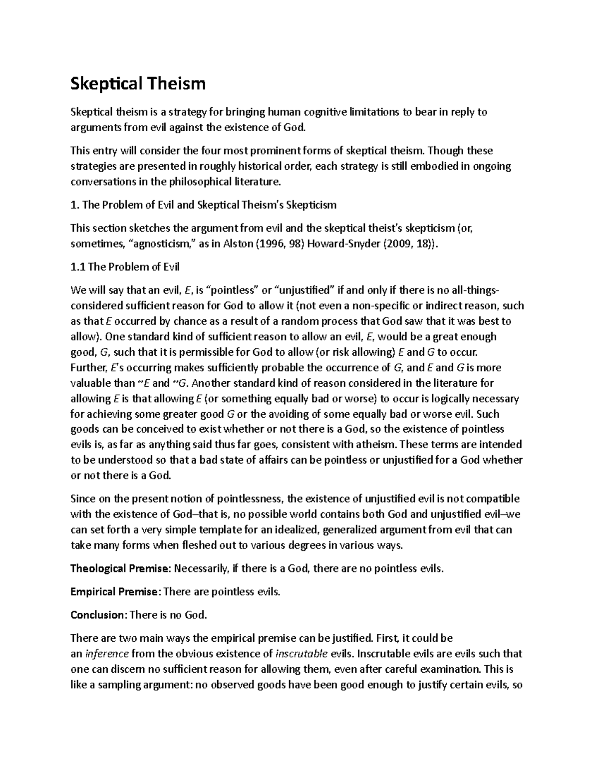 Lecture in Skeptical Theism - Skeptical Theism Skeptical theism is a ...
