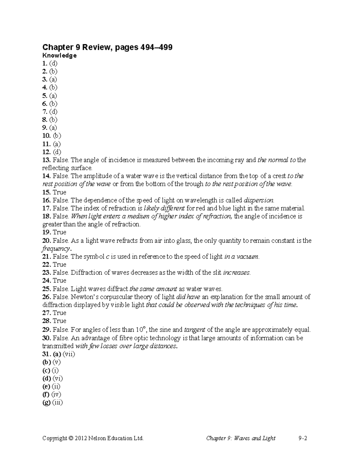 Chapter 9 Review Answers - Chapter 9 Review, Pages 494– Knowledge (d ...