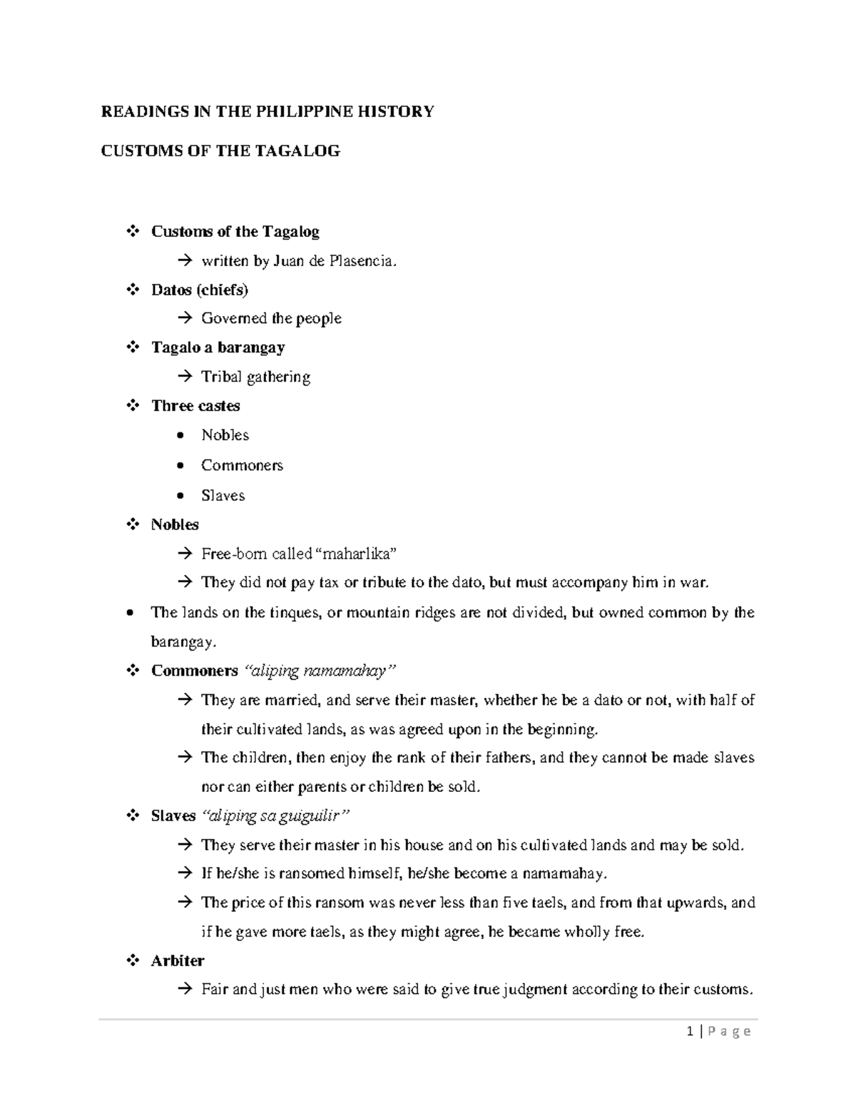Customs of the Tagalog by Juan de Plasencia READINGS IN THE
