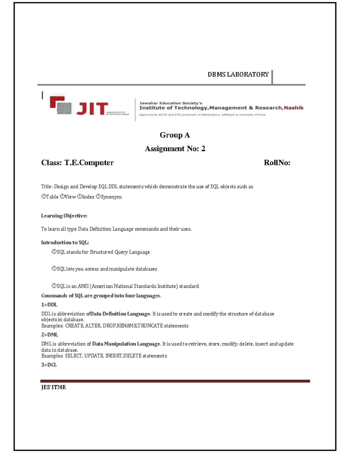 dbms assignment front page