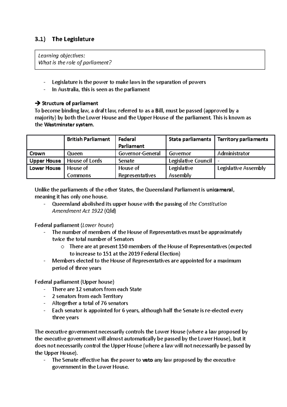 Tabl ch3 - Tabl2710 ch3.1 - 3) The Legislature Legislature is the power ...