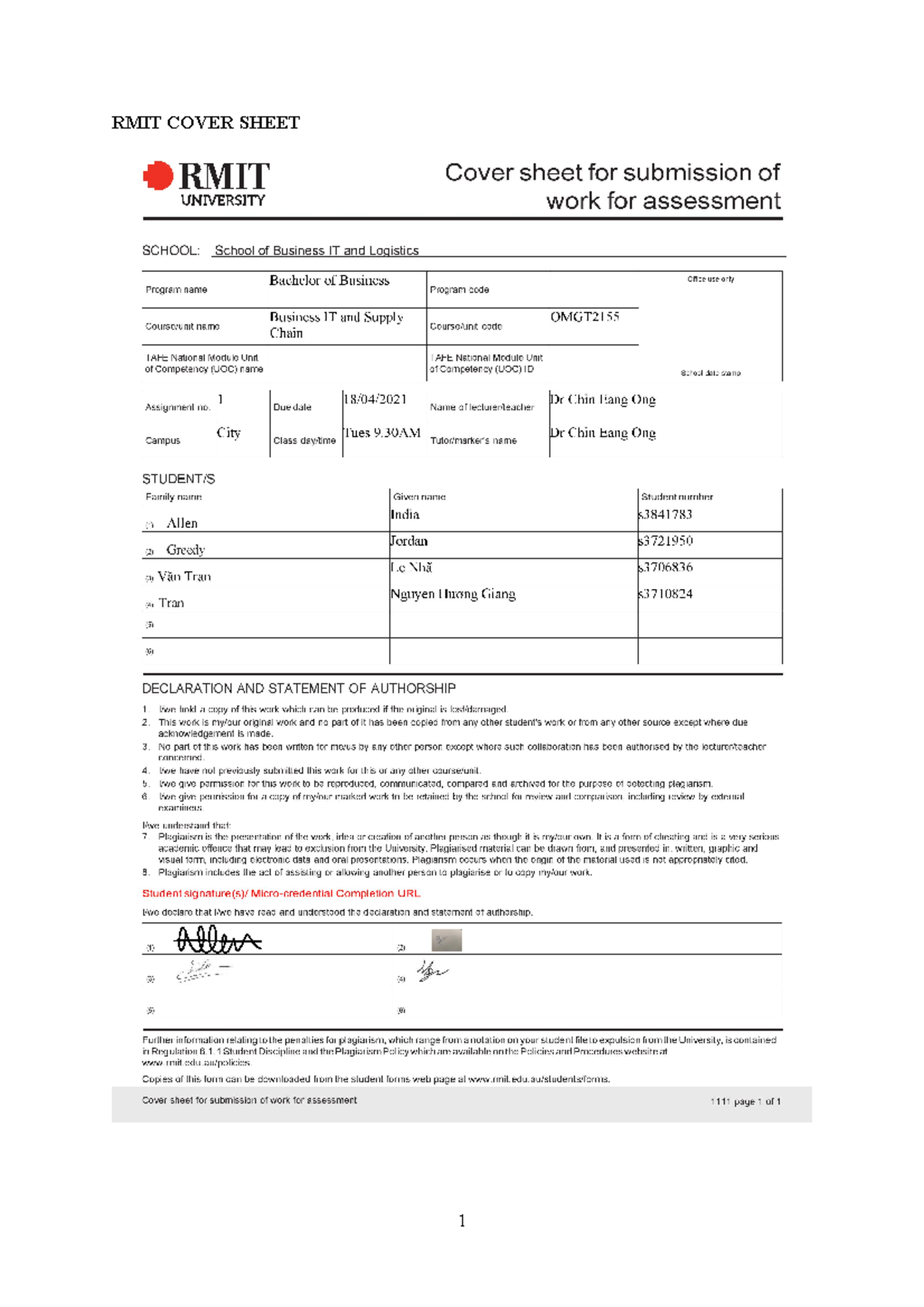 rmit group assignment cover sheet