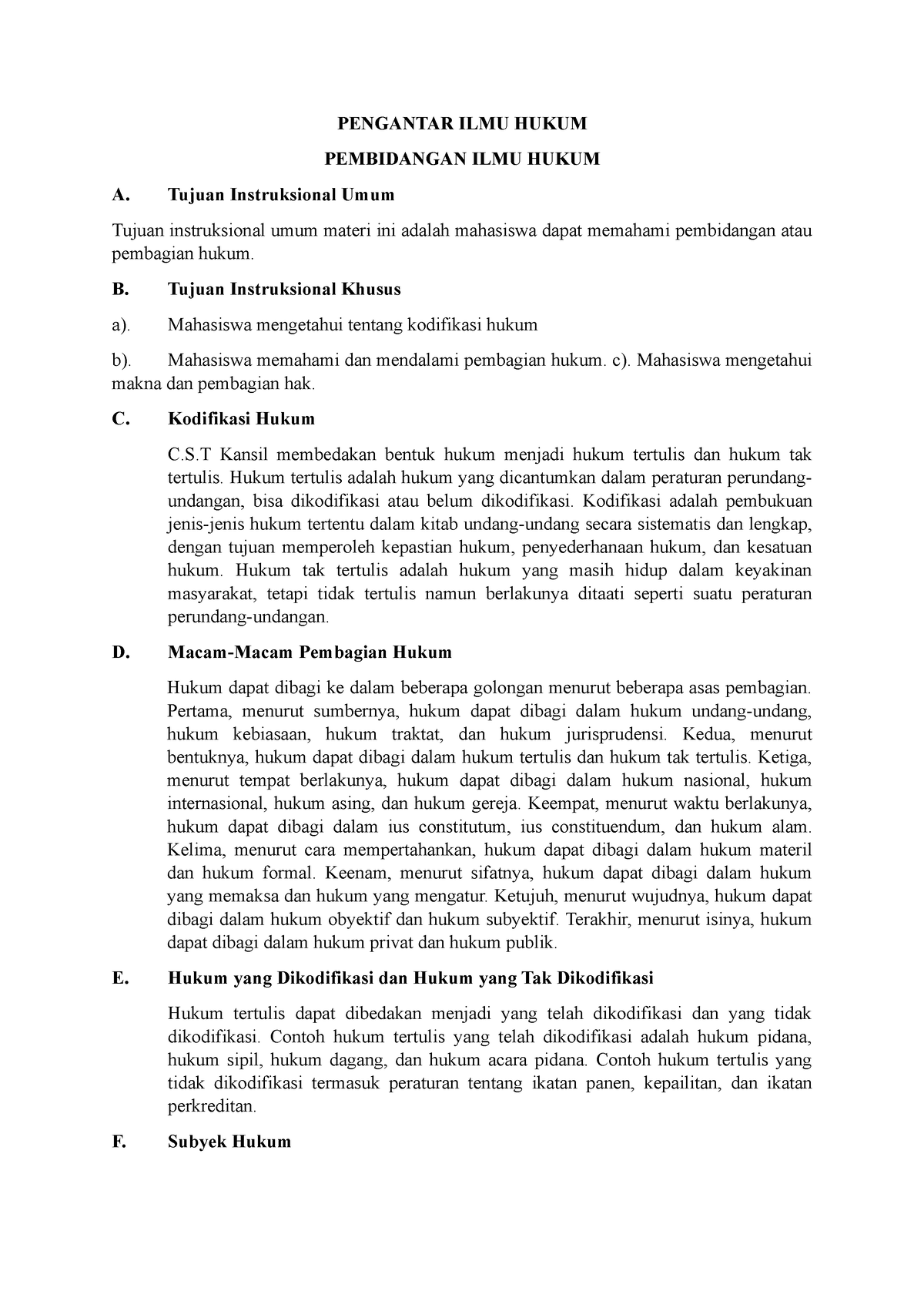 Rangkuman Pengantar Ilmu Hukum Pertemuan 7 (Pembidangan Ilmu Hukum ...