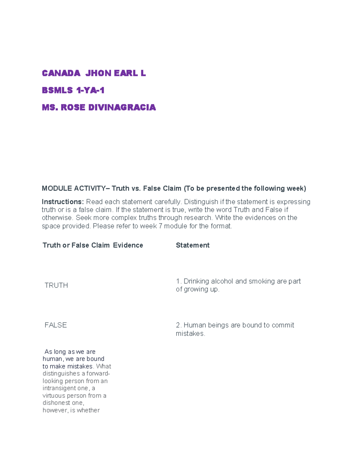 Veritas 1 Midterm ACT1 - wala - CANADA JHON EARL L BSMLS 1-YA- MS. ROSE ...