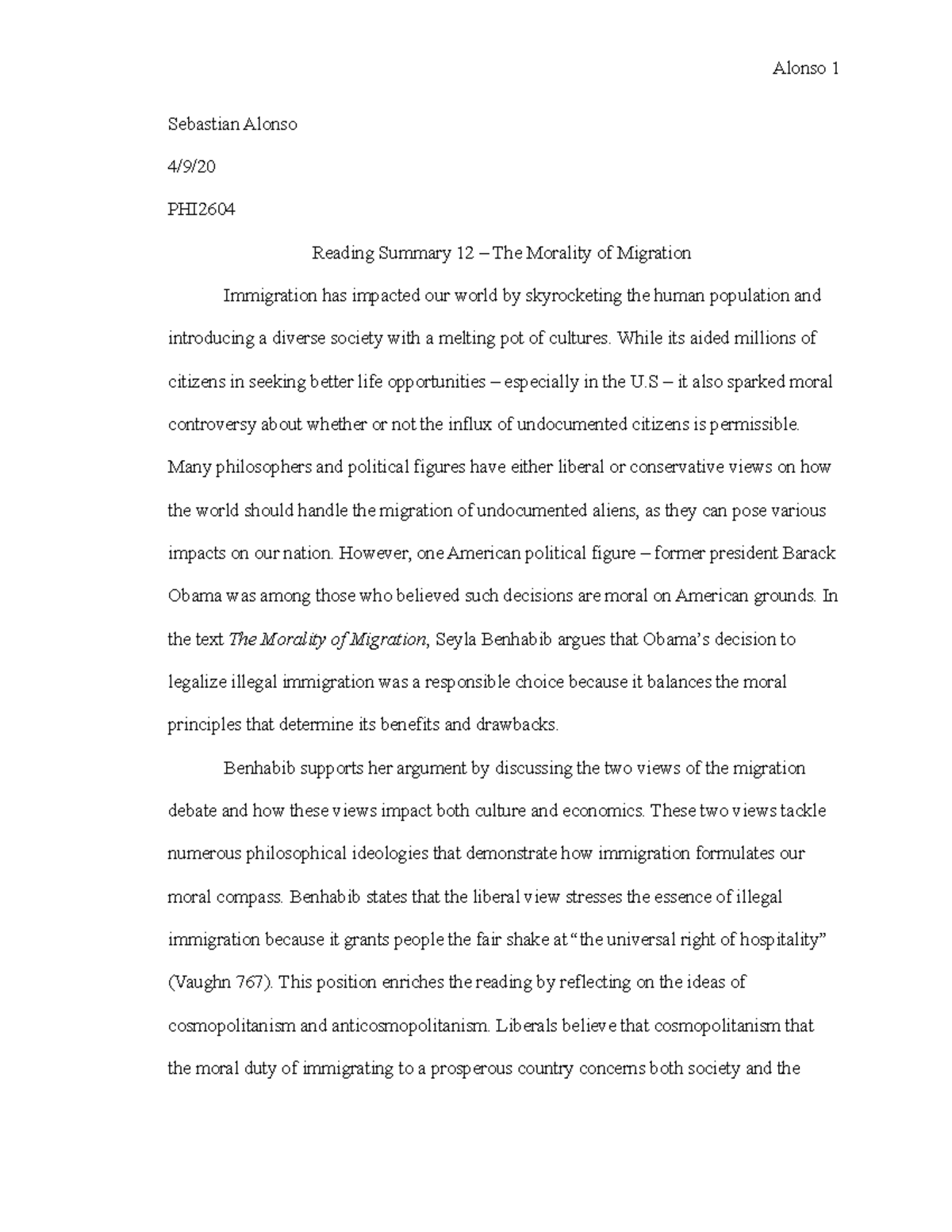 PHI2604 Reading Summary 12 - Alonso 1 Sebastian Alonso 4/9/ PHI Reading ...