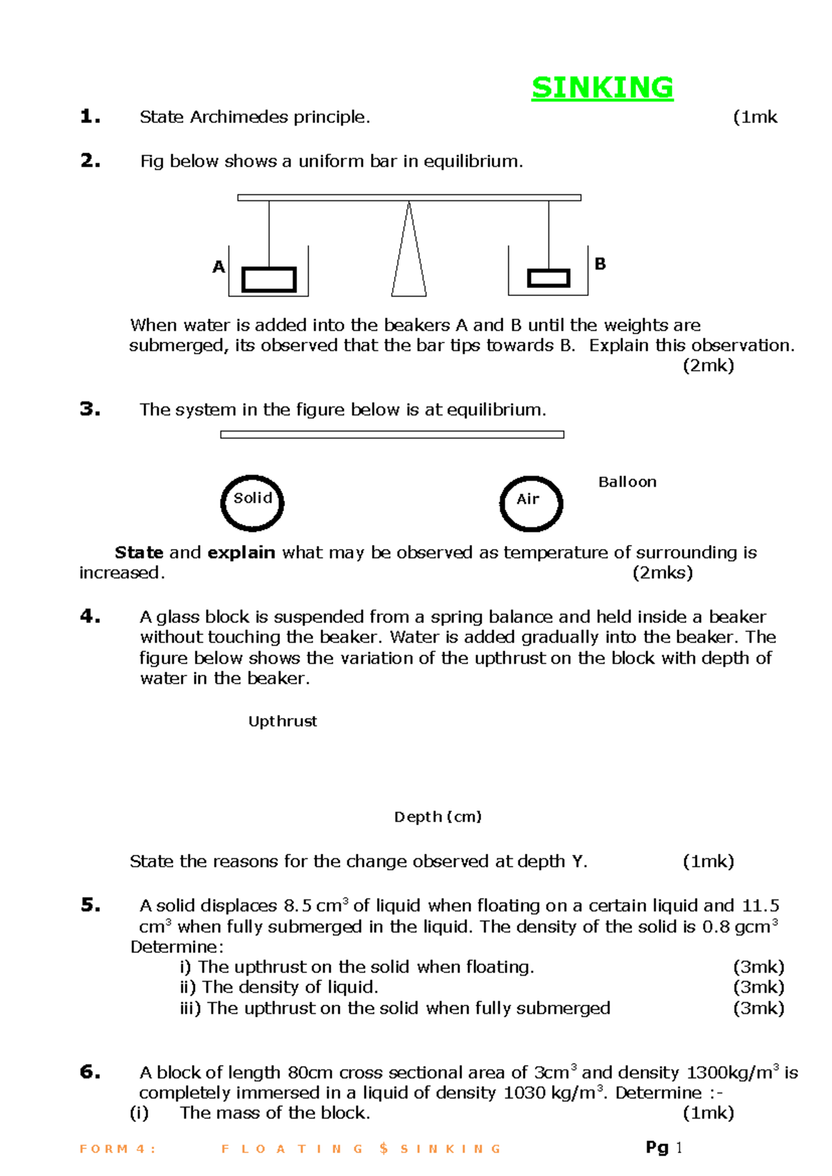 1.1 Floating AND Sinking A B Balloon Solid Air Upthrust Depth (cm
