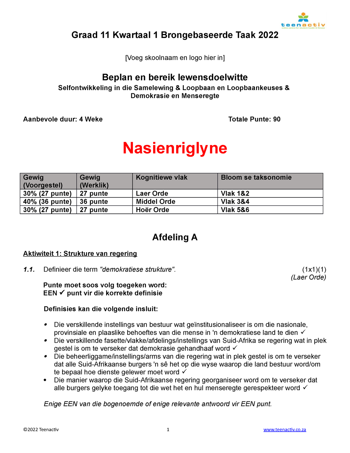 Gr11 Kw1 SS, DMR LL Brongebaseerde Taak 2022 MEMO 01 2 Graad 11