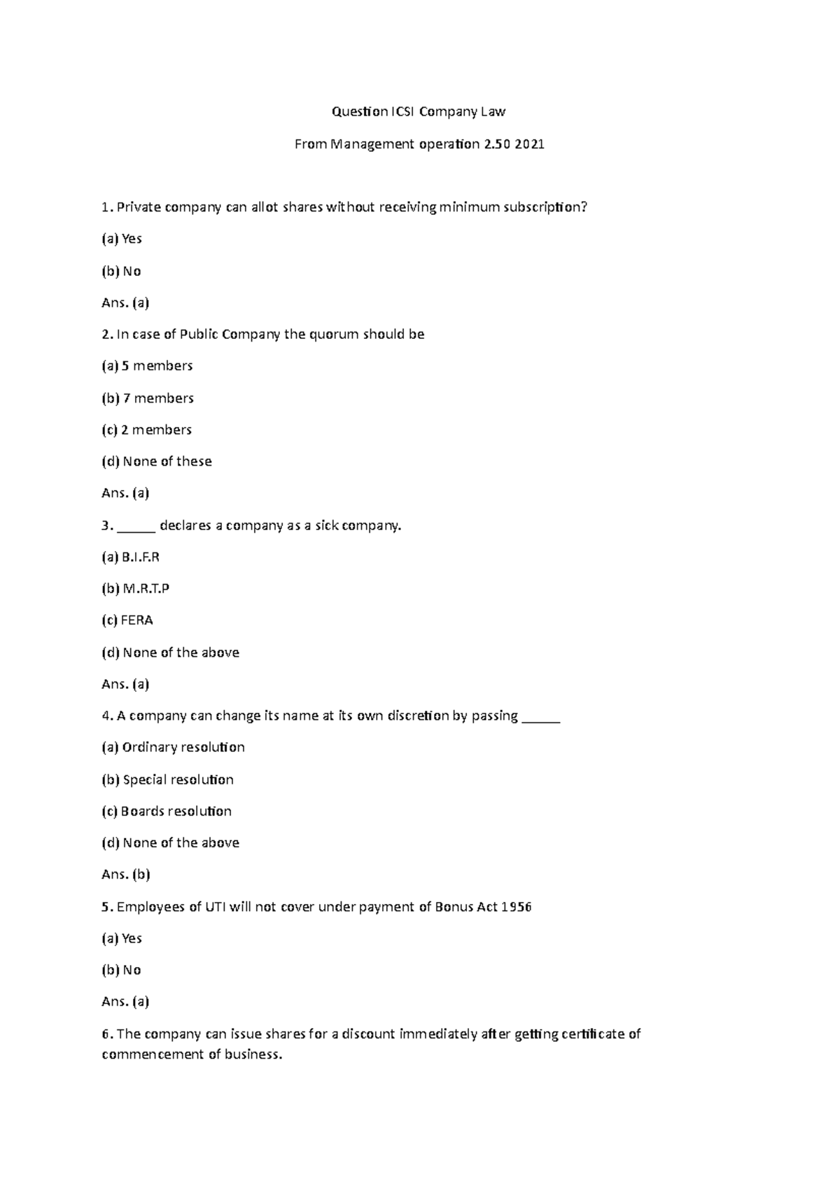 Question ICSI Company Law From Management operation 2.50 2021 - (a) In ...