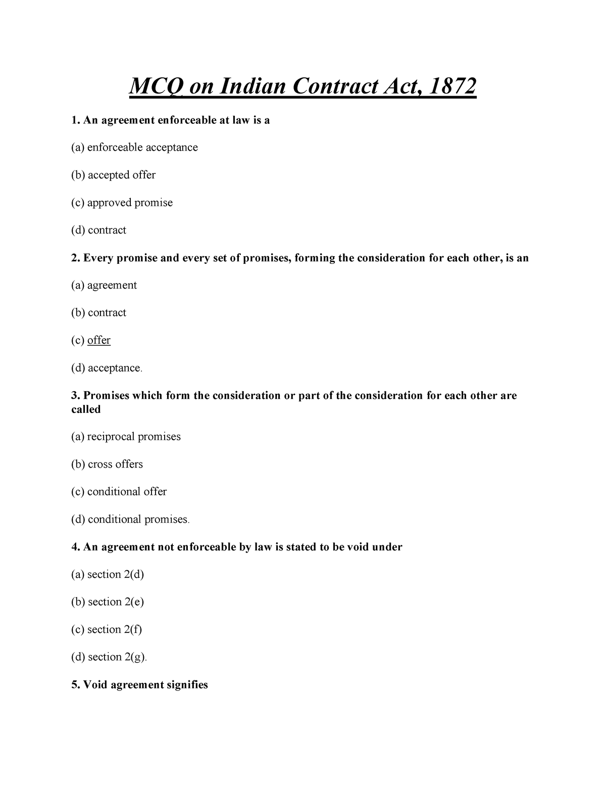 MCQ On Indian Contract Act - - Studocu