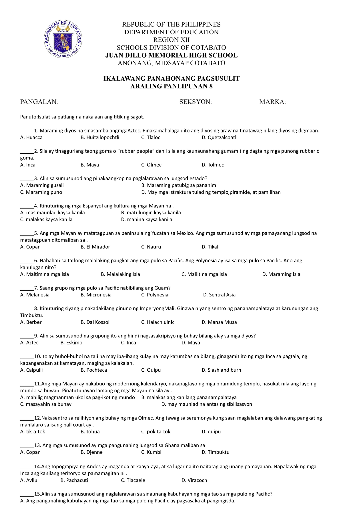 Quarter 2 AP 8 EXAM - Exam - REPUBLIC OF THE PHILIPPINES DEPARTMENT OF ...