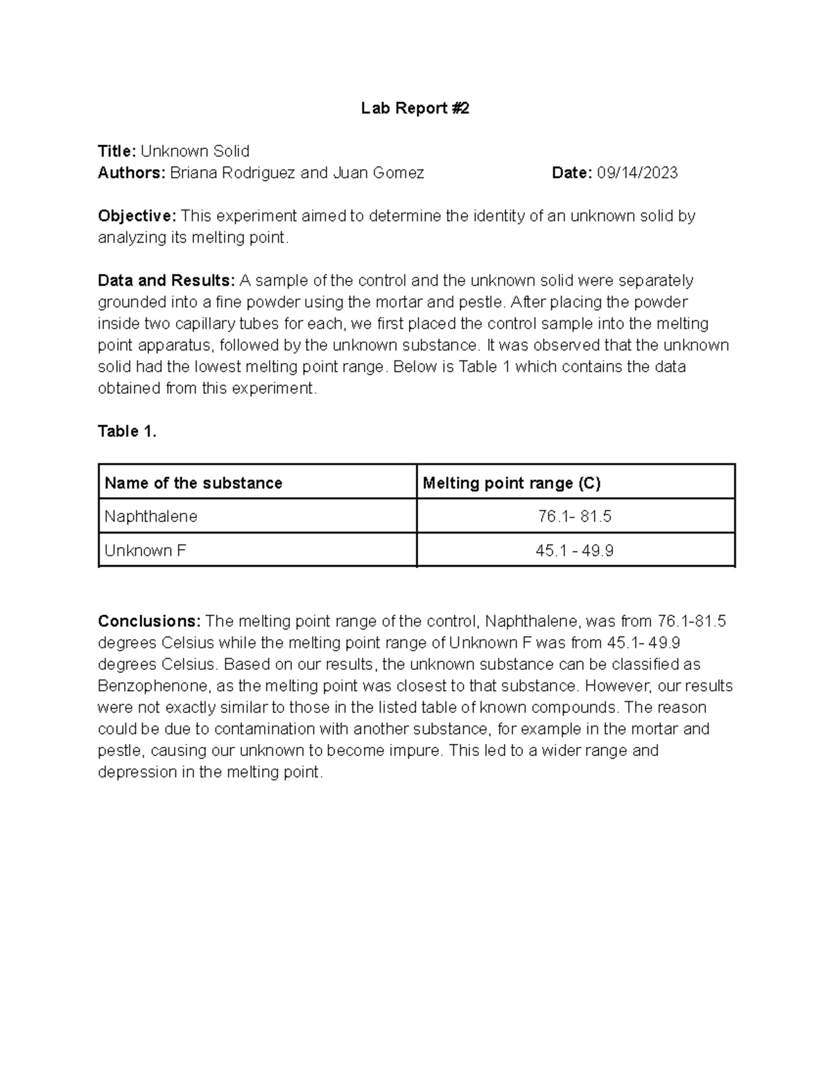 Lab Report 2: Unknown liquid - Lab Report # Title: Unknown Solid ...
