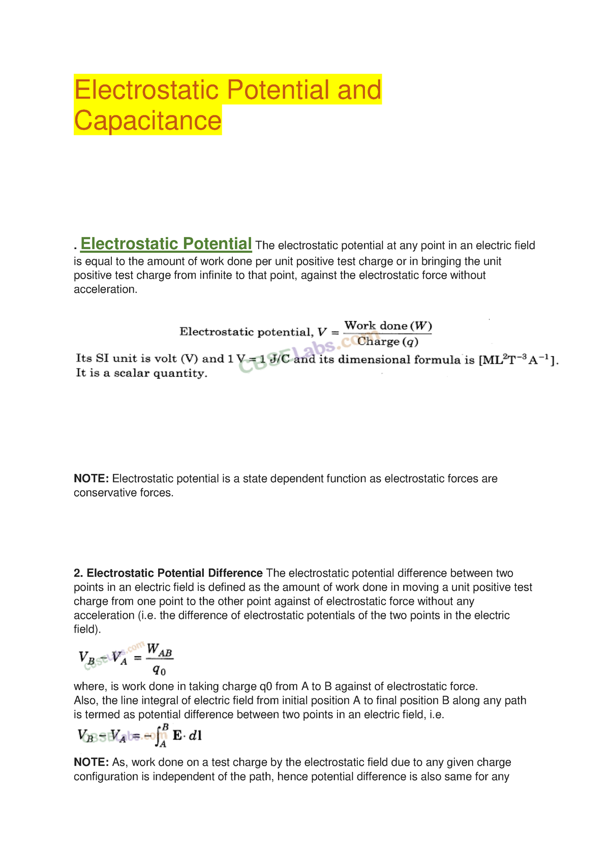 Electrostatic Potential And Capacitance - Electrostatic Potential The ...