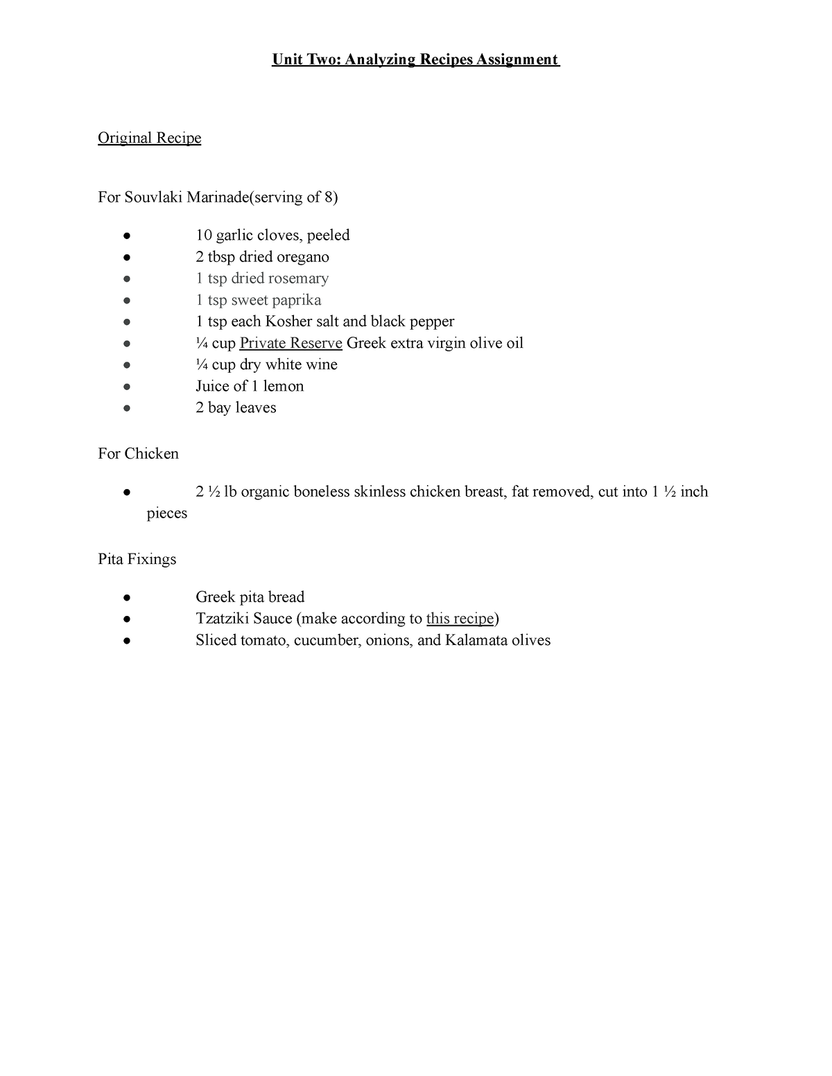 Unit Two Analyzing Recipes Assignment - Original Recipe For Souvlaki ...