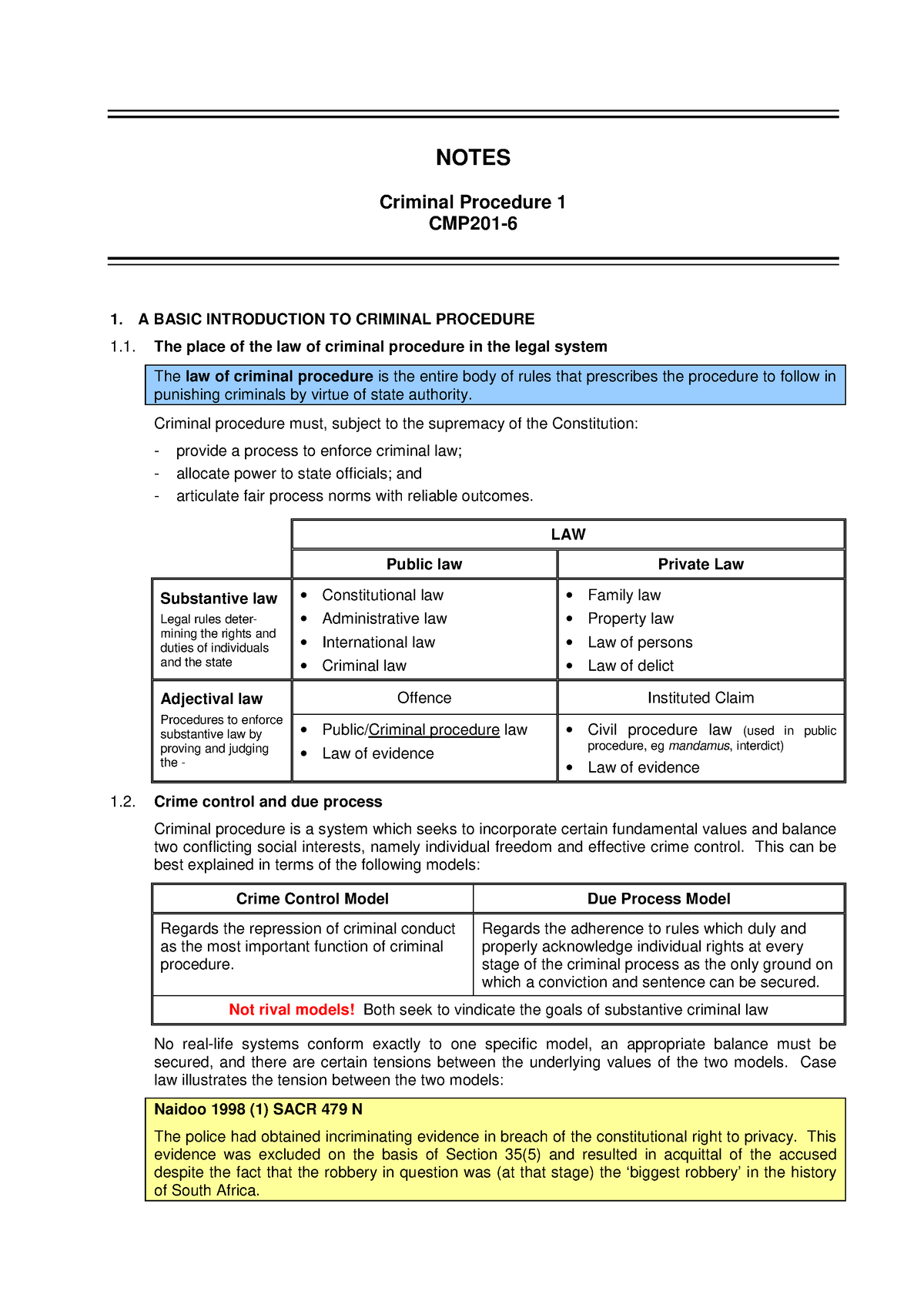 CRIMINAL PROCEDURE LAW CPR3701 NOTES - NOTES Criminal Procedure 1 ...