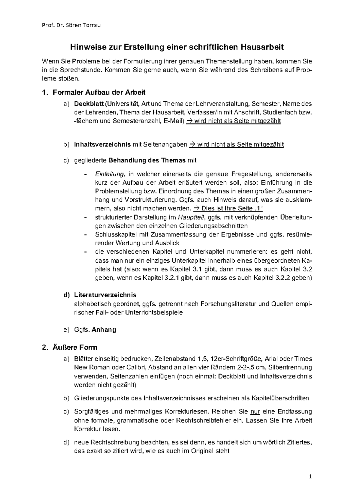 Hinweise Zur Erstellung Einer Schriftlichen Hausarbeit - Kommen Sie ...