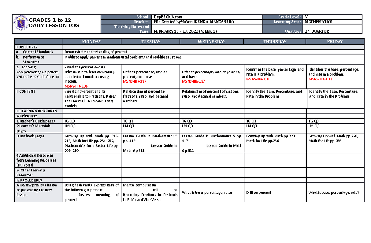 DLL Mathematics 5 Q3 W1 - pretest - GRADES 1 to 12 DAILY LESSON LOG ...