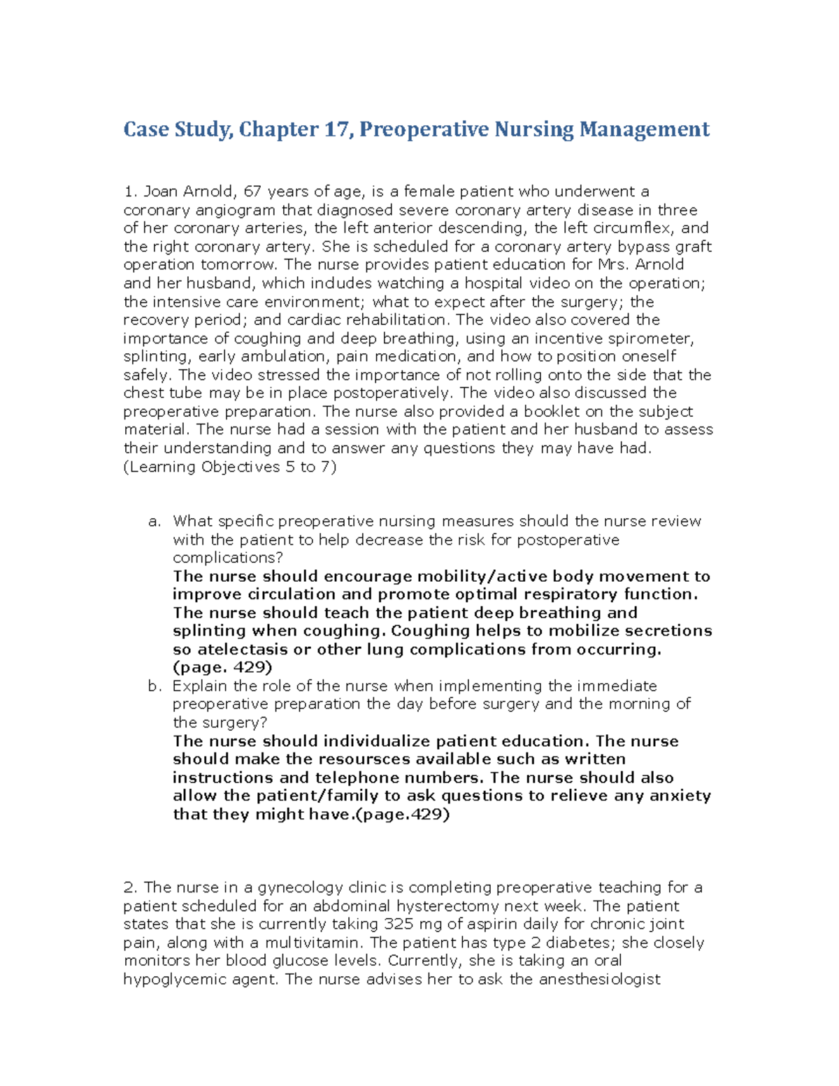 Week 1 Case Study Chapter 17 Case Study, Chapter 17, Preoperative