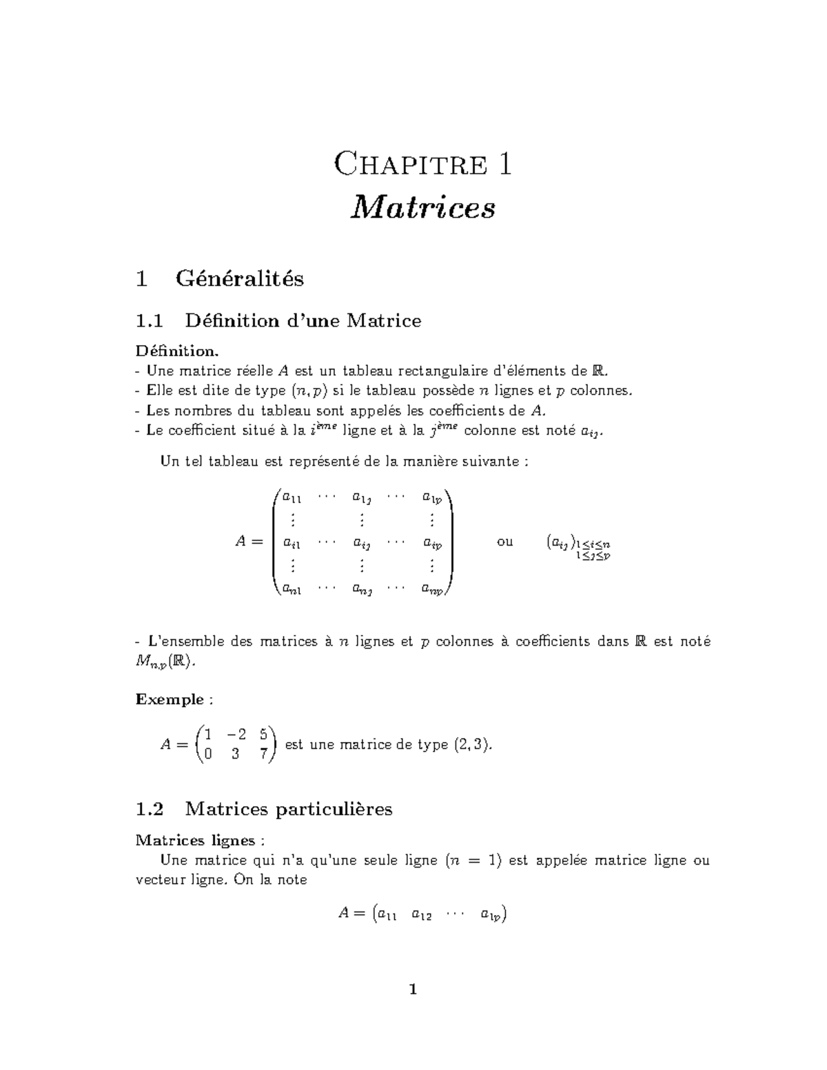 Chp 1 S2 18 19 Matrices - Chapitre 1 Matrices 1 G ́en ́eralit ́es 1 D ...