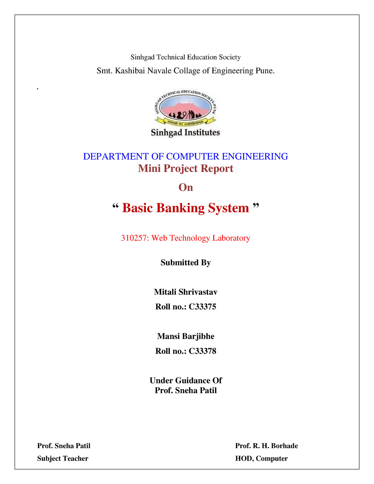 Basic Banking System Report-2 - Sinhgad Technical Education Society Smt ...