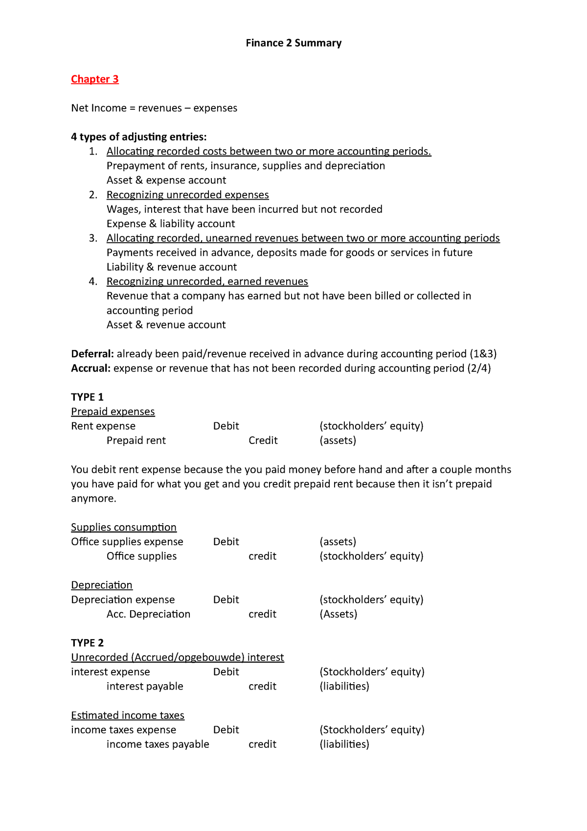 Finance Summary Chapter Net Income Revenues Expenses Types Of Adjusting Entries