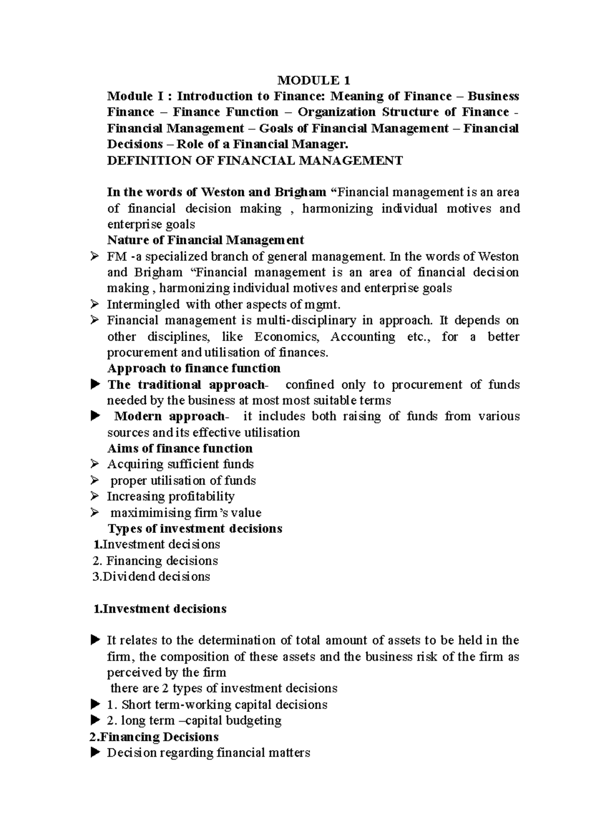 Module 1 simple notes MODULE 1 Module I Introduction to Finance