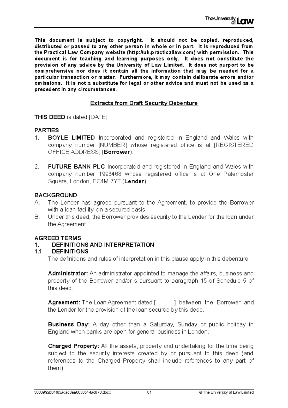 Draft Security Debenture - Exemplar - This document is subject to ...