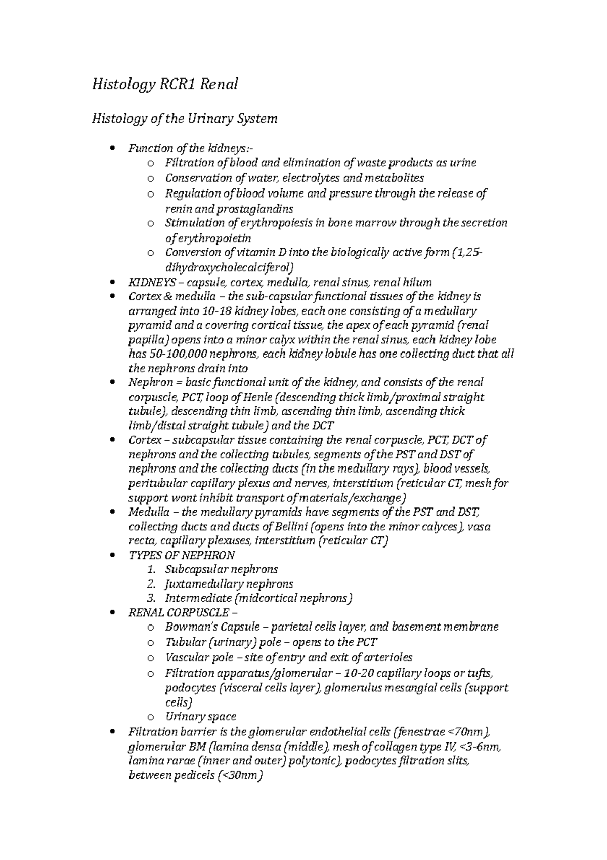 Histology RCR1 Renal - Lecture notes Year 1 - Histology RCR1 Renal ...