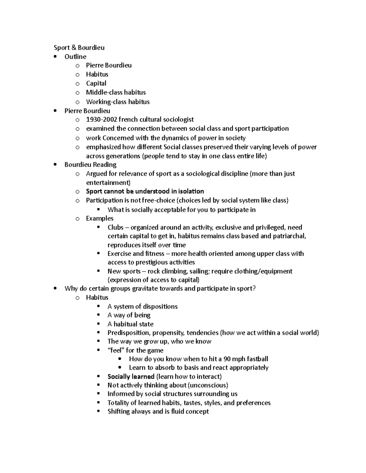 3 Sport & Bourdieu - Lecture notes 5 - Sport & Bourdieu Outline o ...