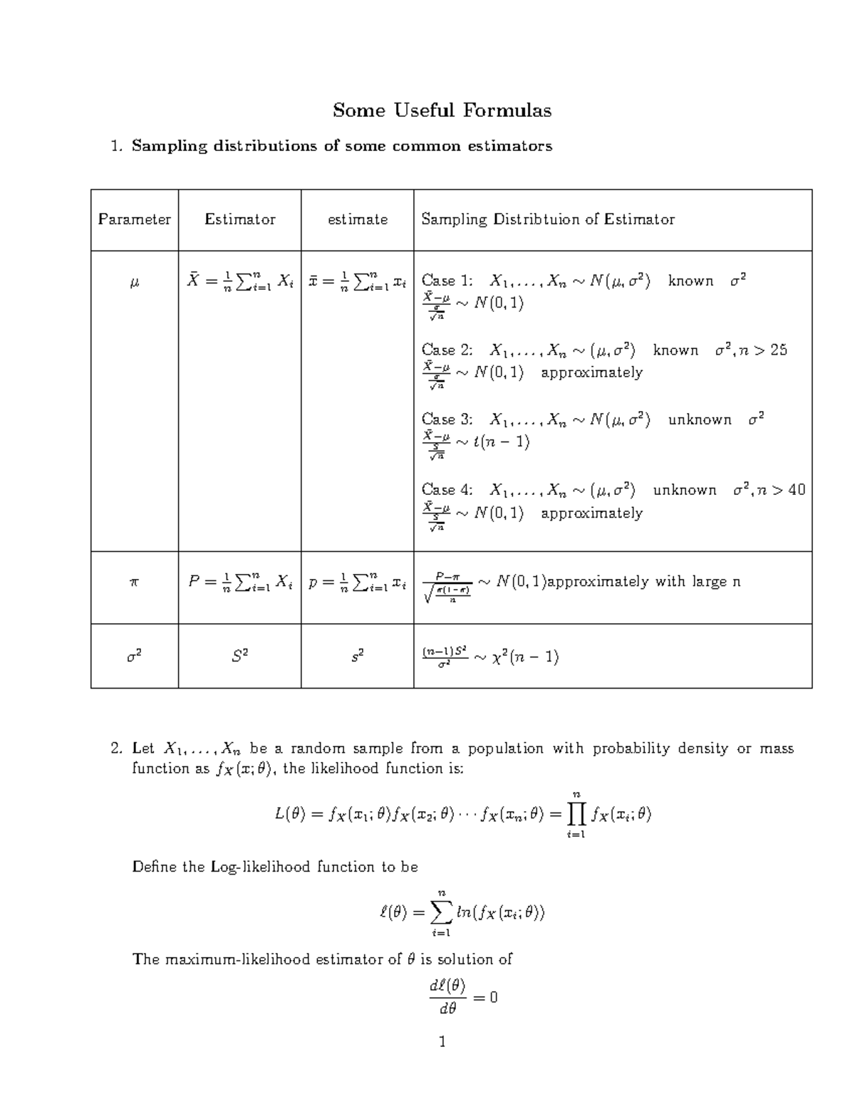 Final formula - lecture - Some Useful Formulas Sampling distributions ...