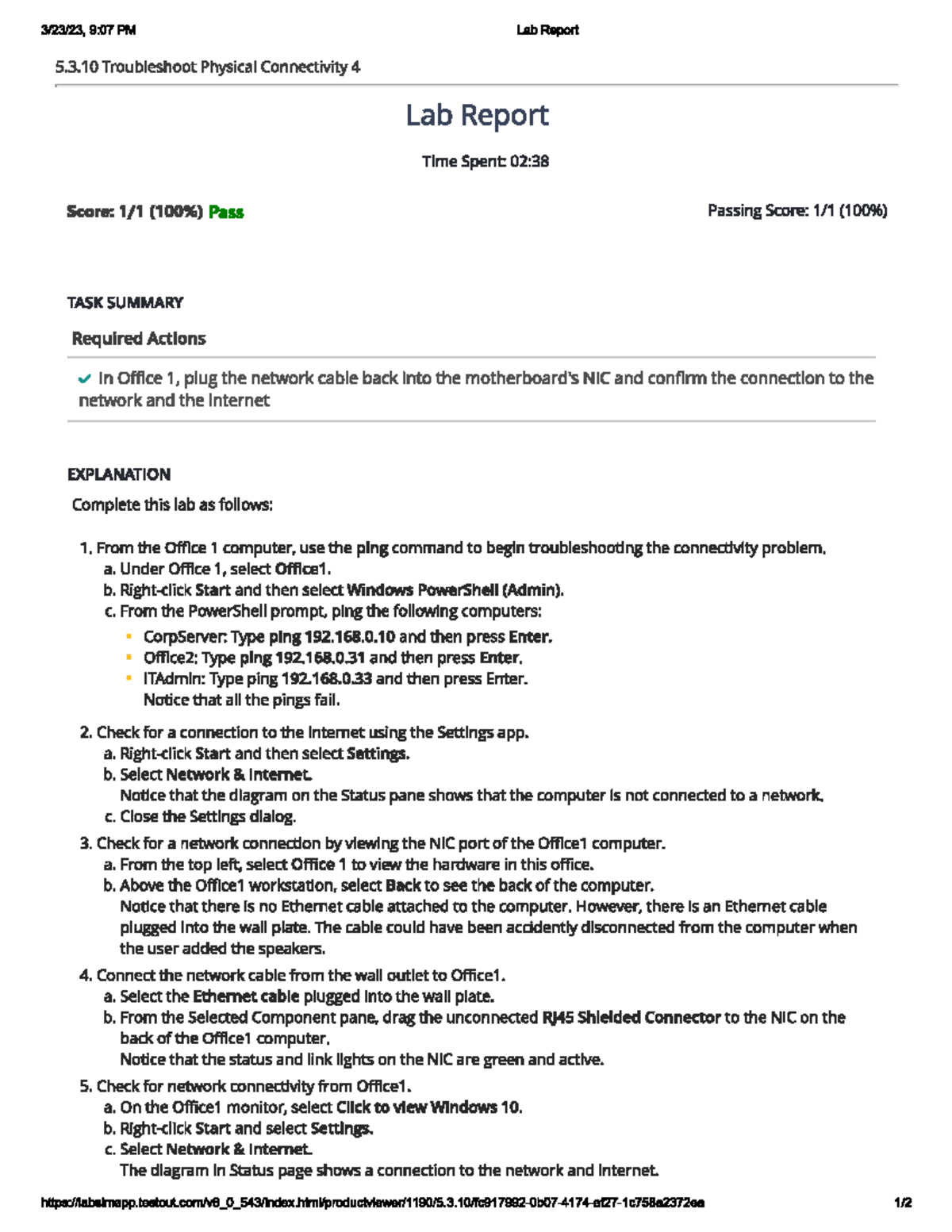 5.3.10 Troubleshoot Physical Connectivity 4 907 PM Lab Report 5.3