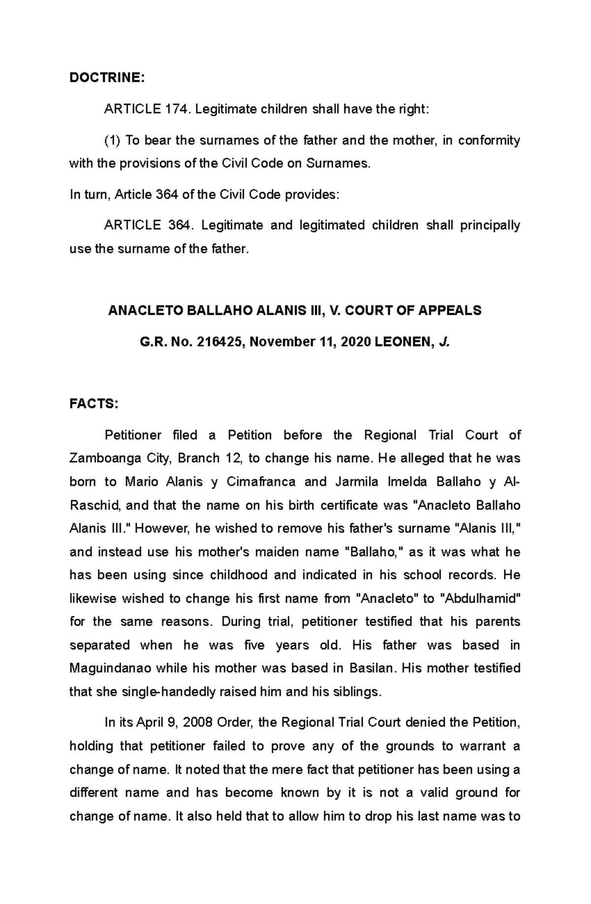 Anacleto Ballaho Alanis III vs. Court OF Appeals - DOCTRINE: ARTICLE ...