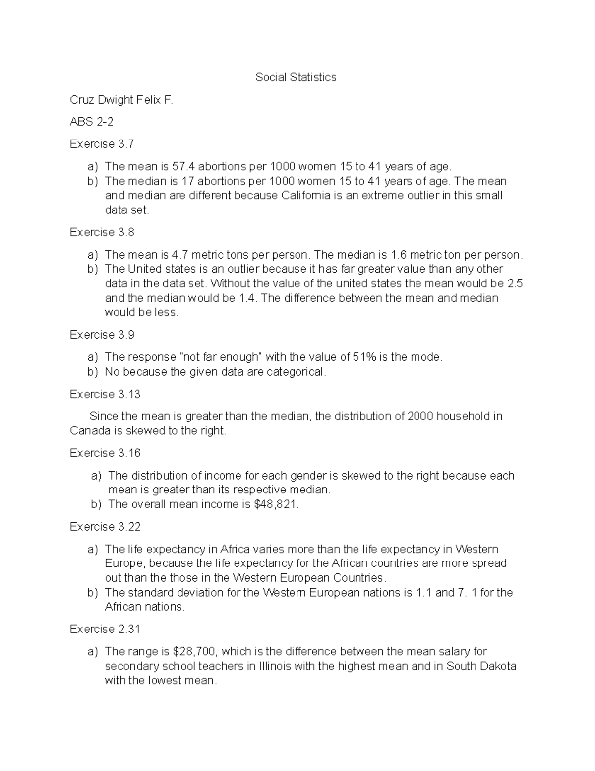 Soc stat Dwight Cruz - Social Statistics Cruz Dwight Felix F. ABS 2 ...