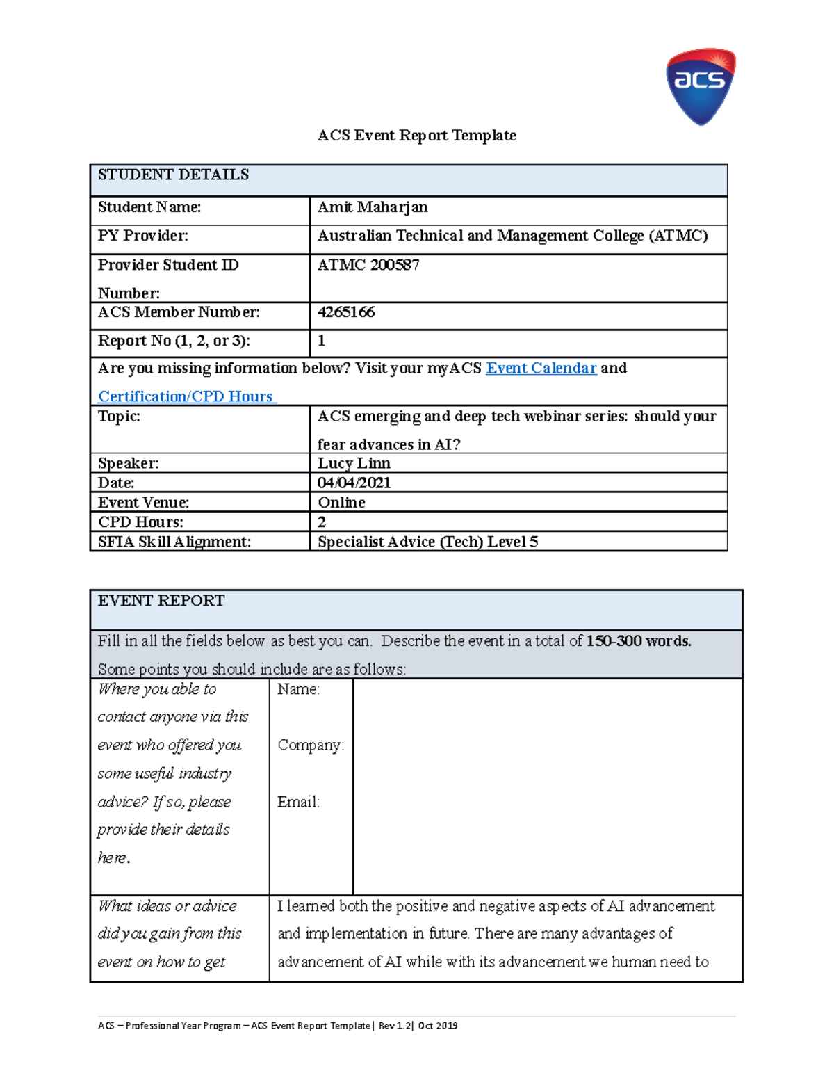 ACS event report 1 Australian Technology ACS Event Report Template STUDENT DETAILS Student
