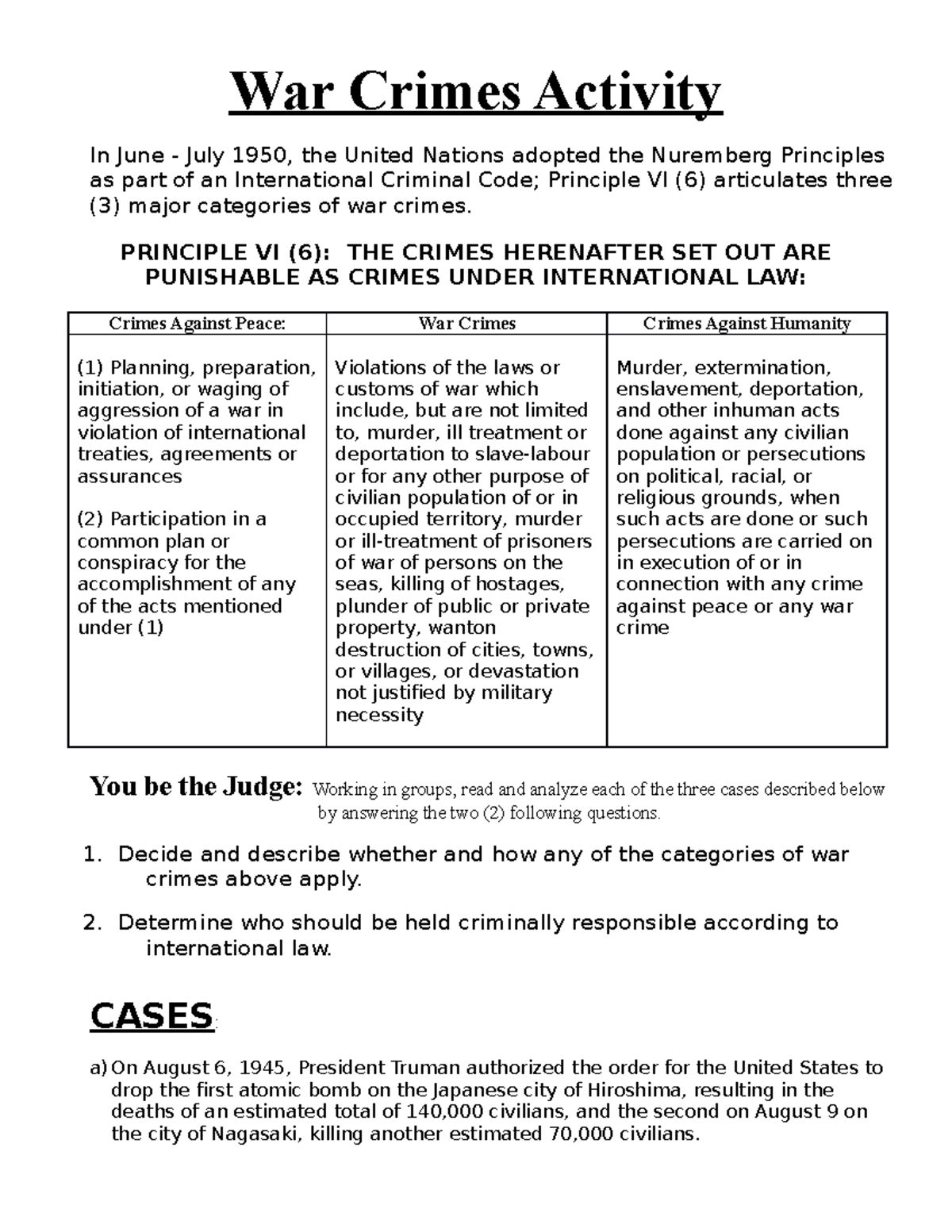 War Crimes Activity - PRINCIPLE VI (6): THE CRIMES HERENAFTER SET OUT ...