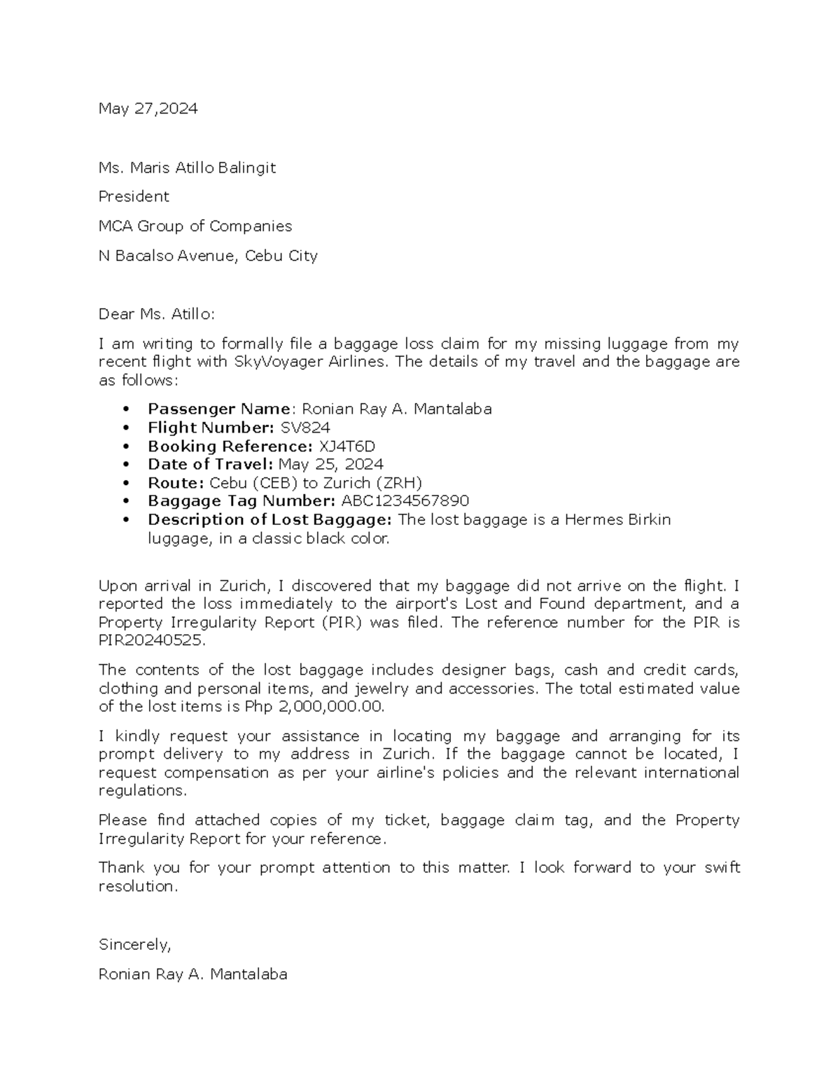 Sky Voyager Airlines - letter - May 27, Ms. Maris Atillo Balingit ...