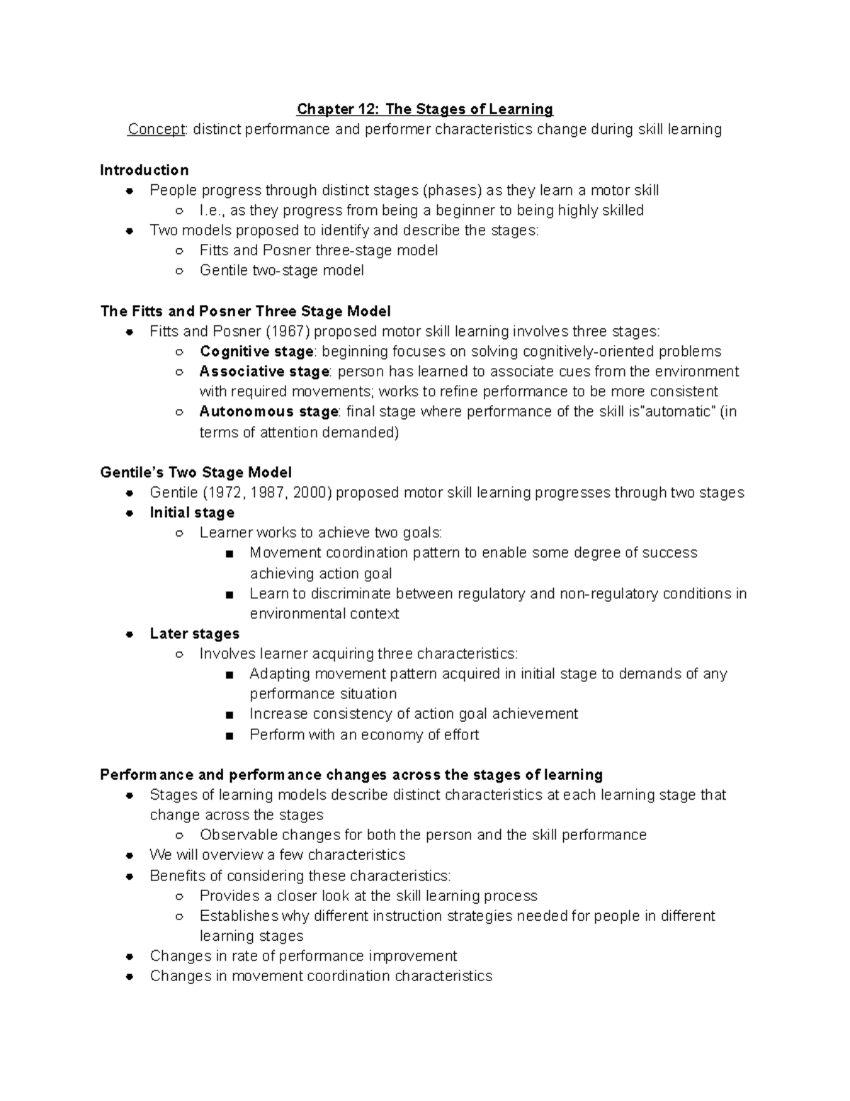 Motor Learning Chapter 12 The Stages of Learning Chapter 12 The