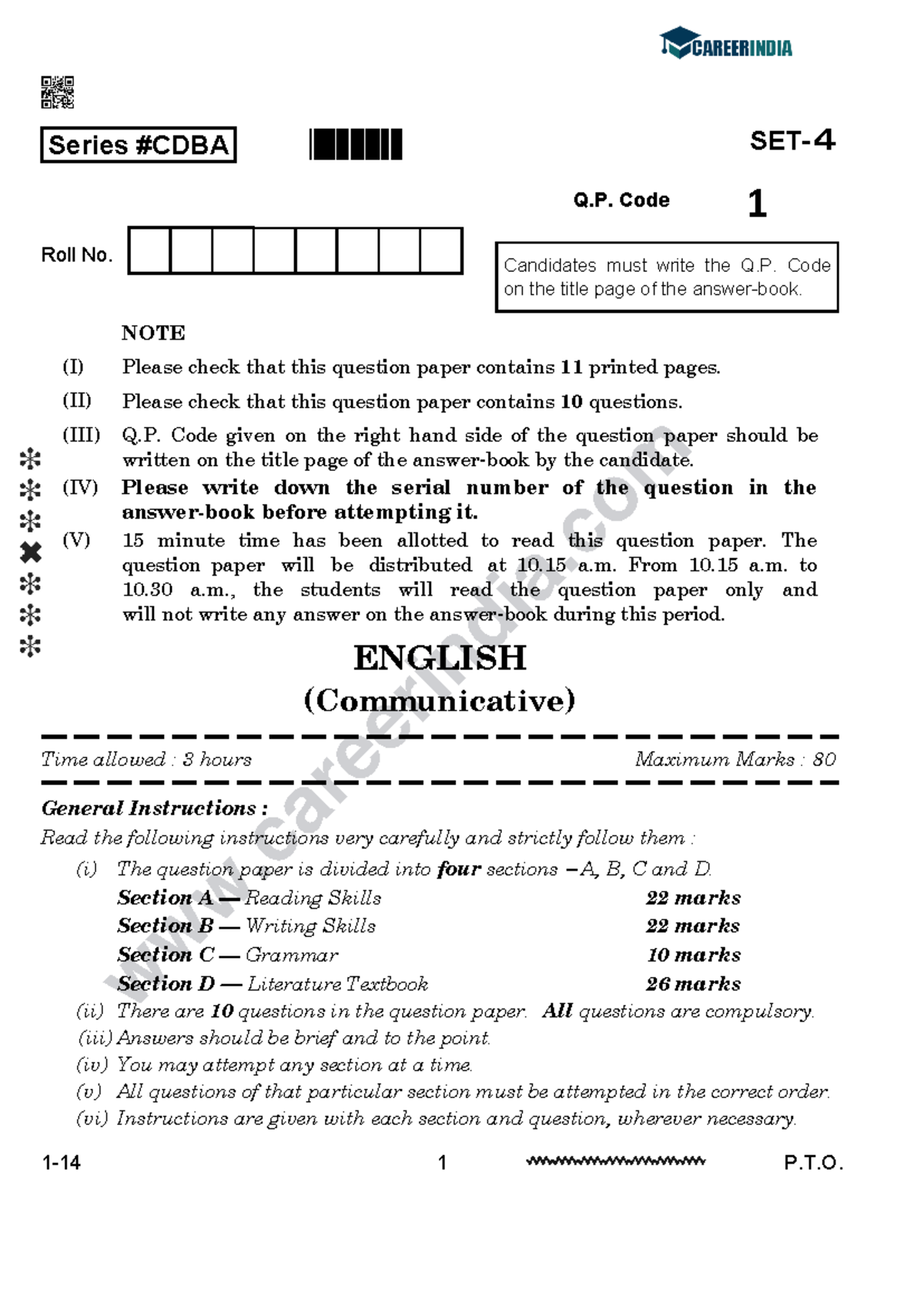 CBSE Class 10 English Communicative Question Paper 2024 - careerindia 1 ...