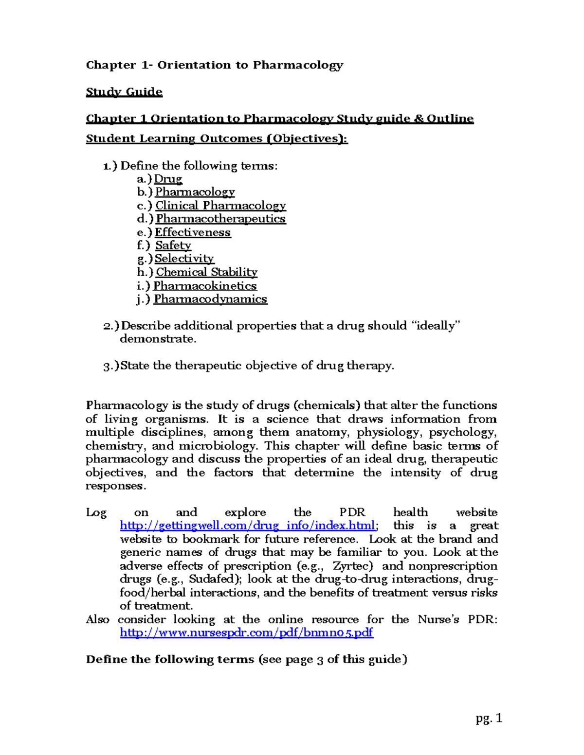 Chapter 1- Orientation To Pharmacology - ) Define The Following Terms ...