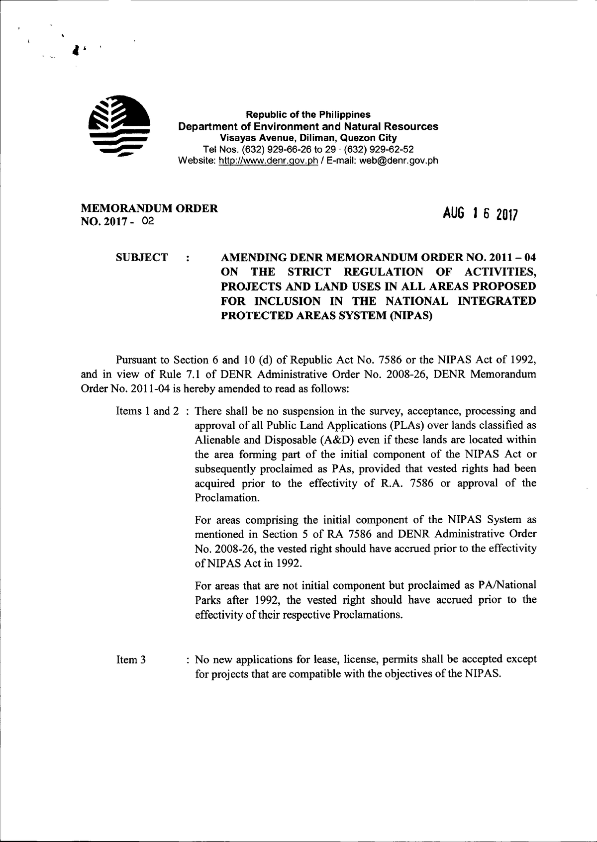 Amending DENR Memorandum Order NO 2011 04 ON THE Strict Regulation OF