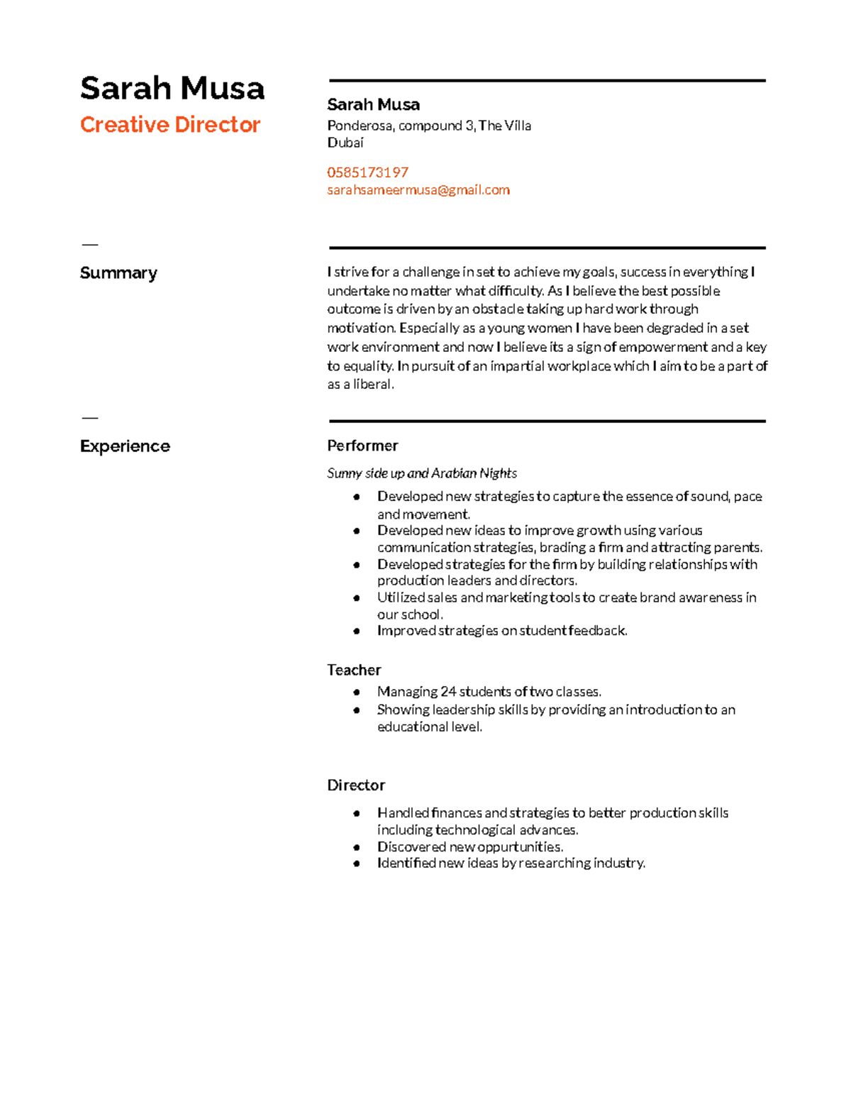 Resume - Sarah Musa Creative Director Sarah Musa Ponderosa, compound 3 ...