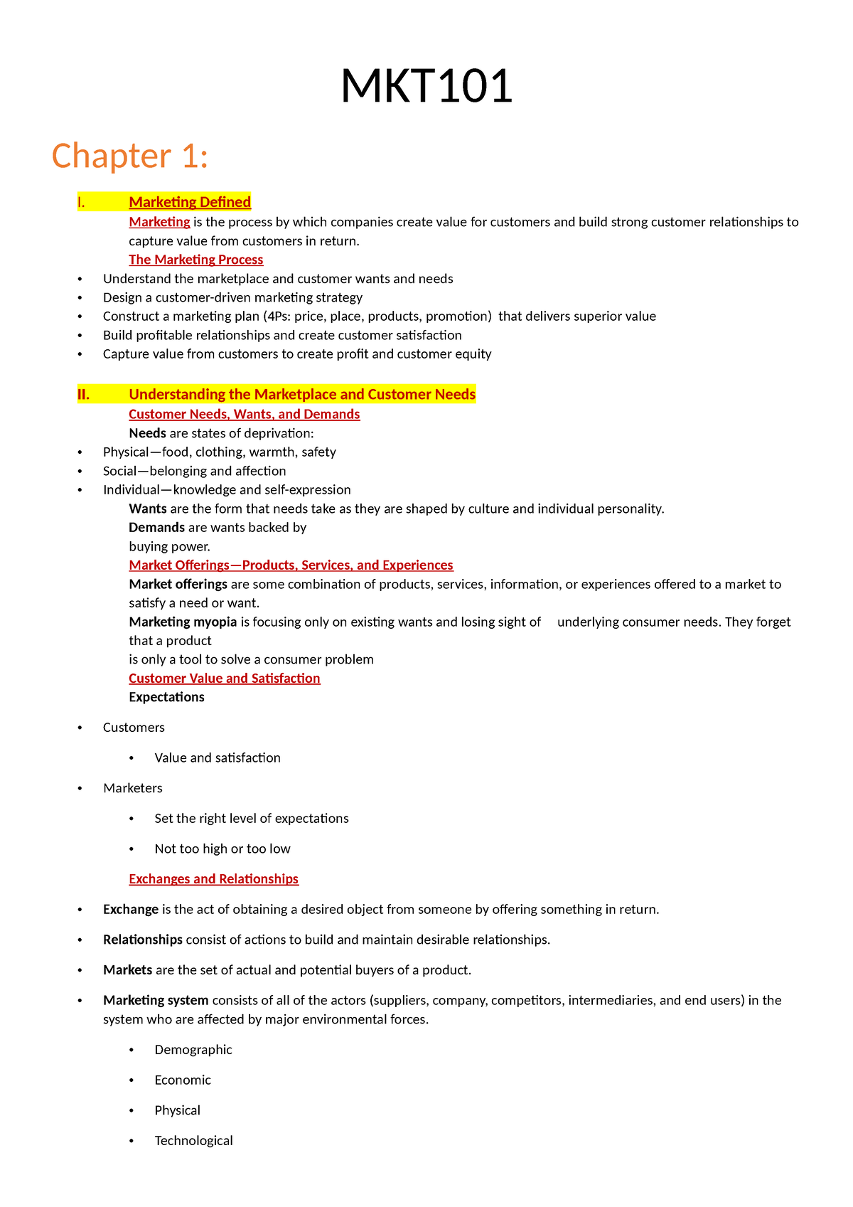 MKT101 - Hhhh - MKT Chapter 1: I. Marketing Defined Marketing Is The ...