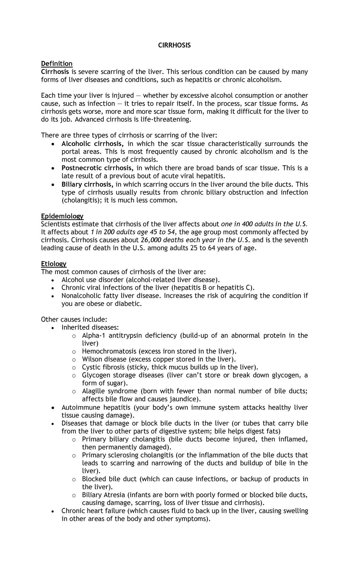 Cirrhosis-Handout - none - CIRRHOSIS Definition Cirrhosis is severe ...