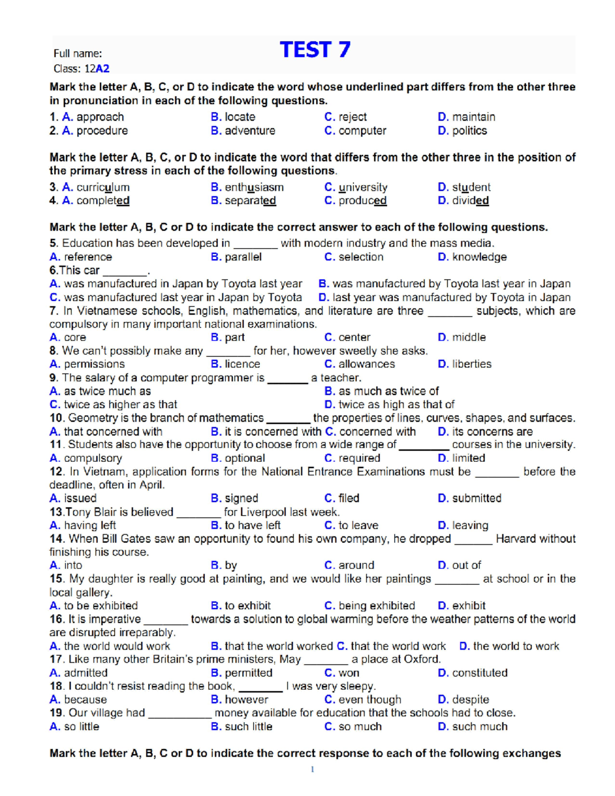 12A2 - Idiom test - English - HUST - Studocu