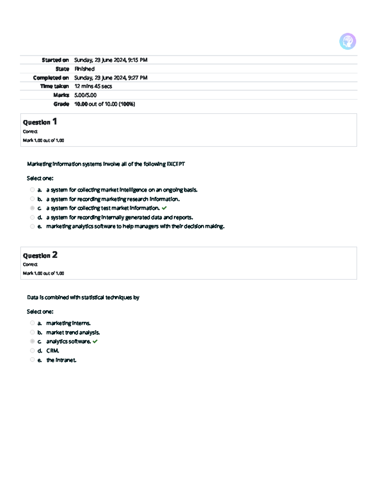 BUS 2201 - Self Quiz Unit 1 - Started on Sunday, 23 June 2024, 9:15 PM ...