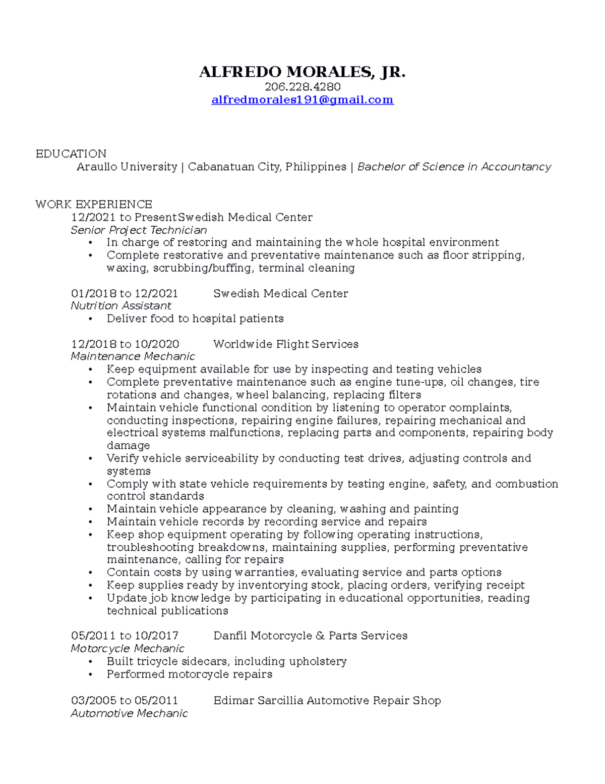 Alfredo Morales Jr.'s Resume - ALFREDO MORALES, JR. 206 ...